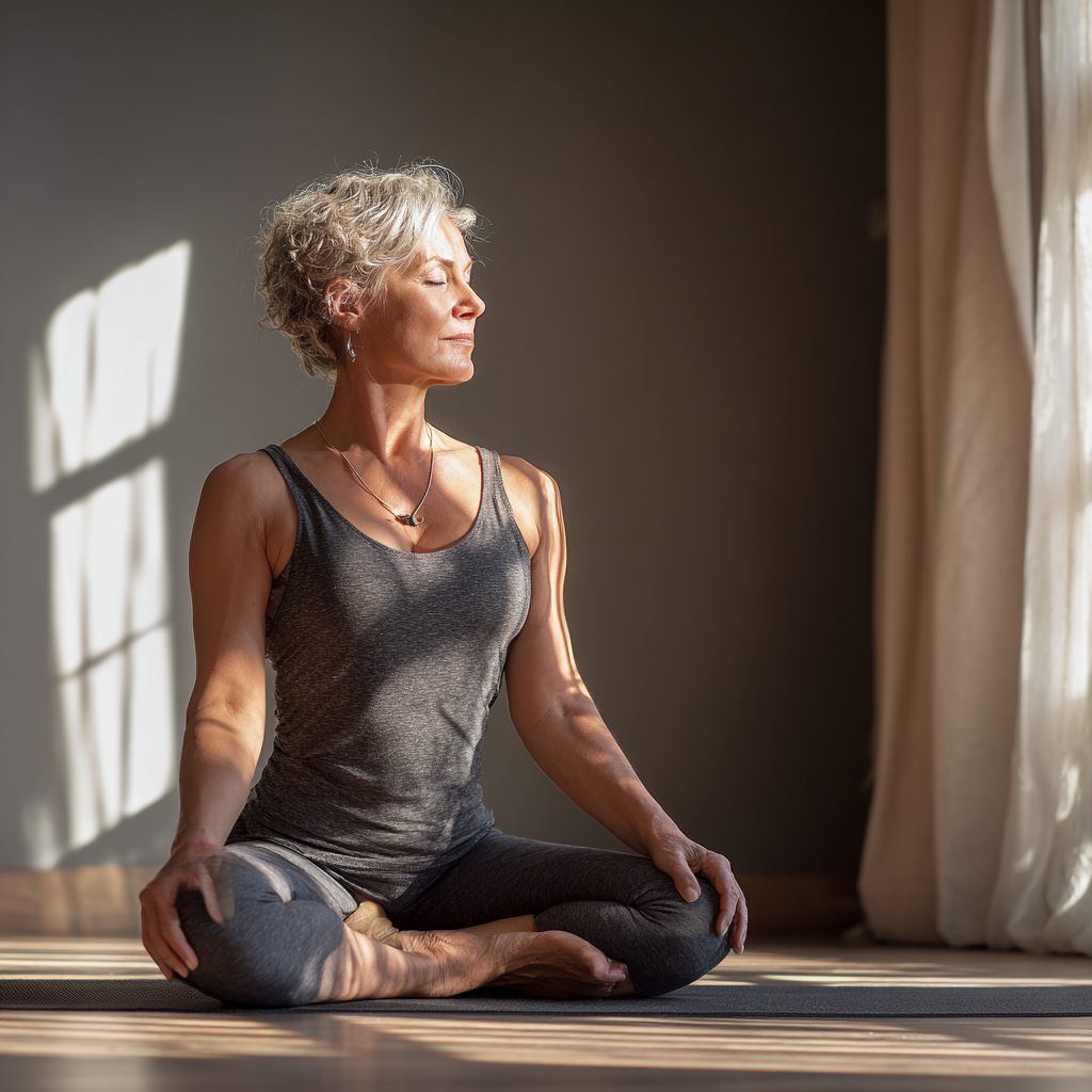 50 years old woman practicing gentle yoga stretches in natural light studio