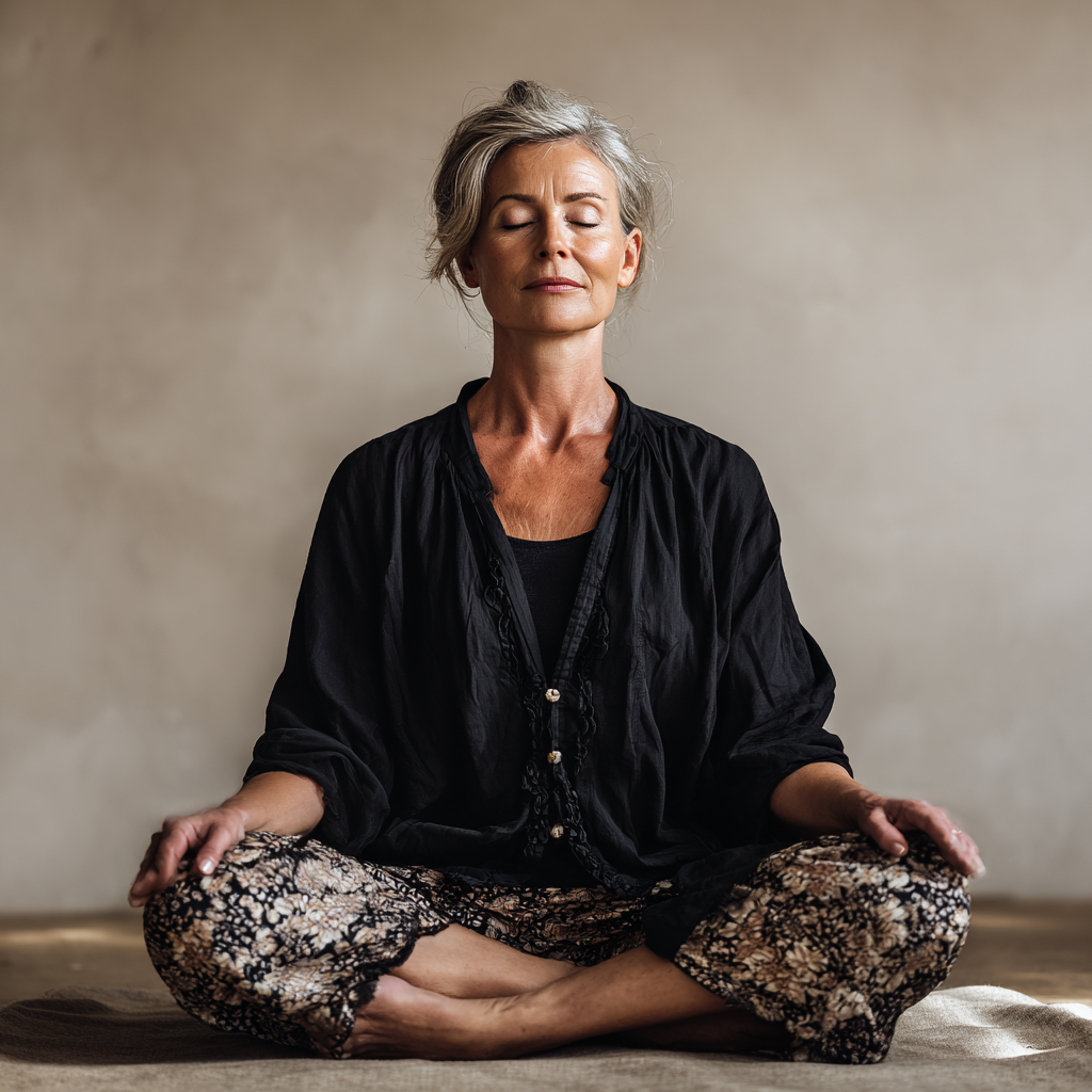 Peaceful 52 years old woman meditating in lotus position with serene expression